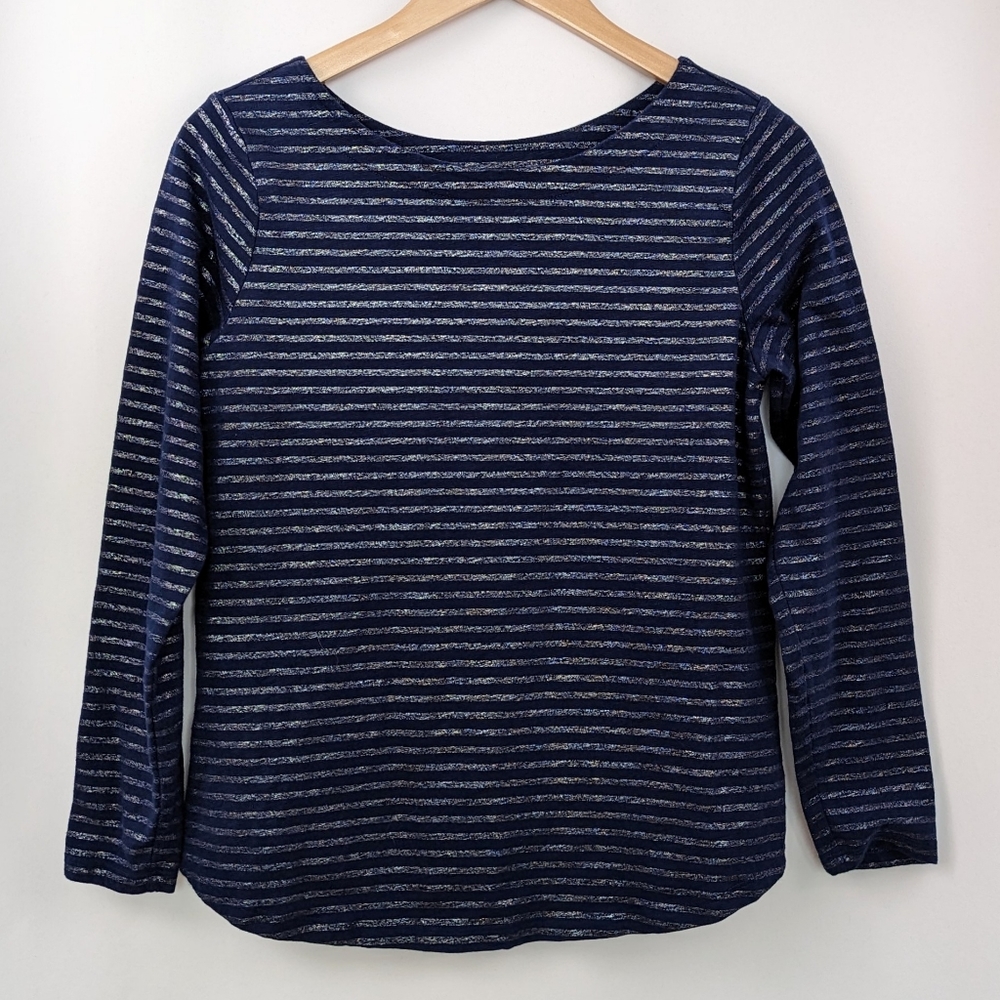 St. John's Bay Striped Top Long Sleeve Boat Neck Blue and Metallic Silver Small